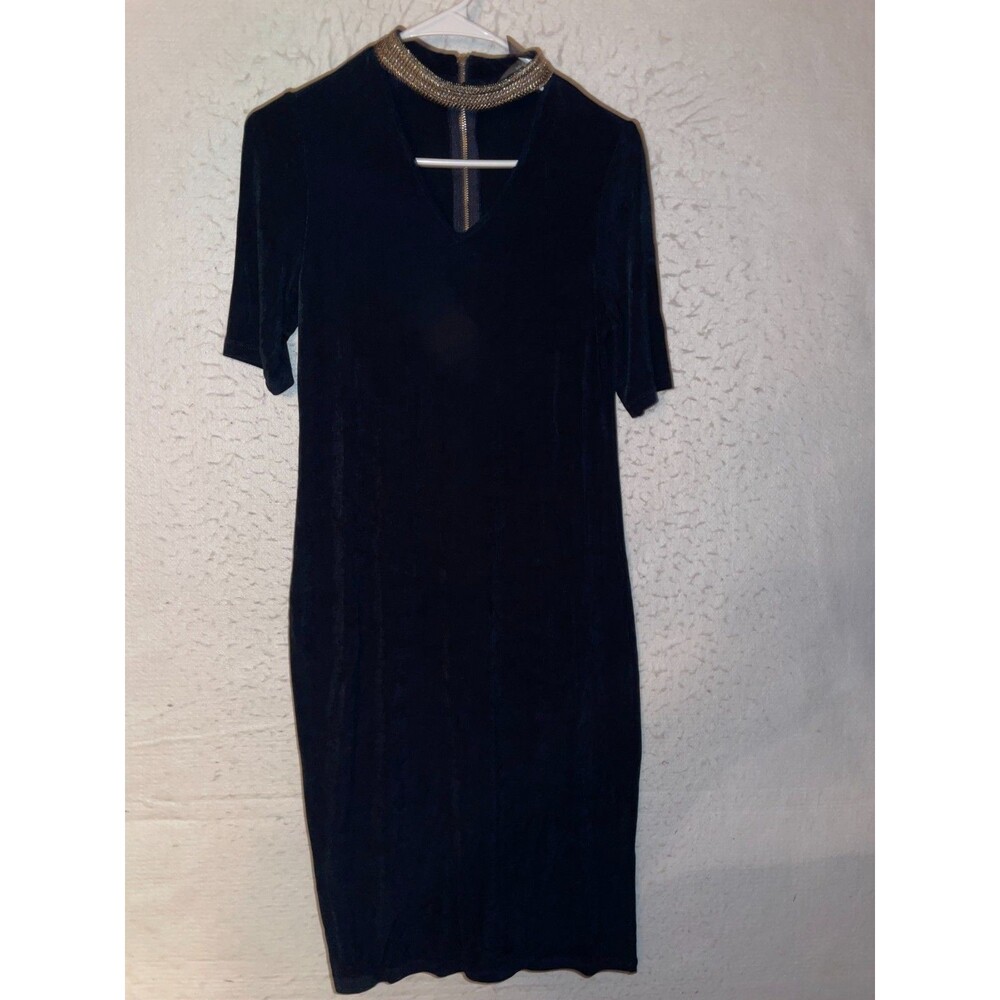 Chico’s Travelers Neck Band Dress Womens Sz 0 Choker Midi Short Sleeve Navy Blue